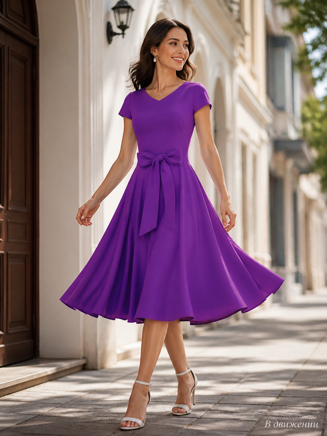 Purple V-Neck Dress with Bow