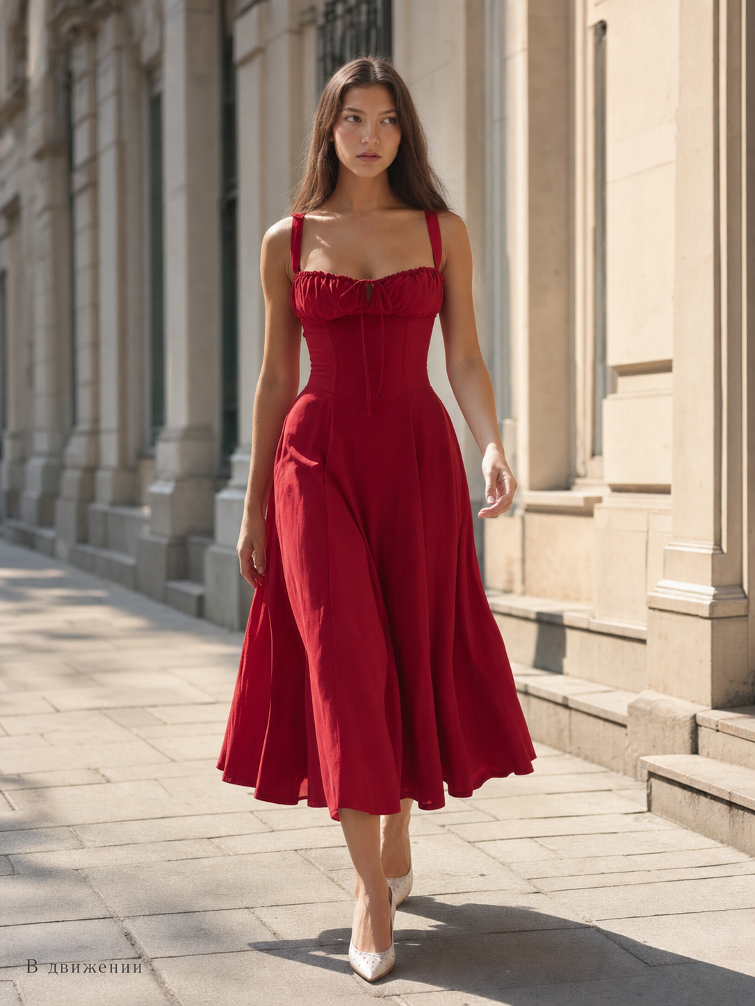 Red Midi Dress with Ruched Bodice and Lacing