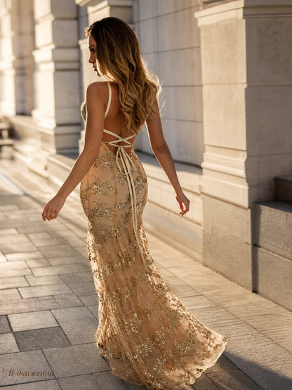 Floor-Length Dress with Open Back, Sequins, and Lace-Up Detail
