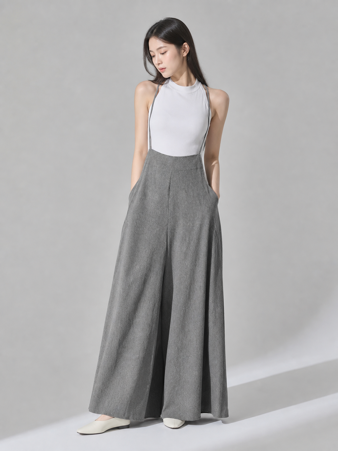 Gray Wide-Leg Overalls with Straps