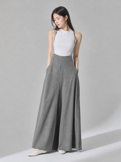 Gray Wide-Leg Overalls with Straps