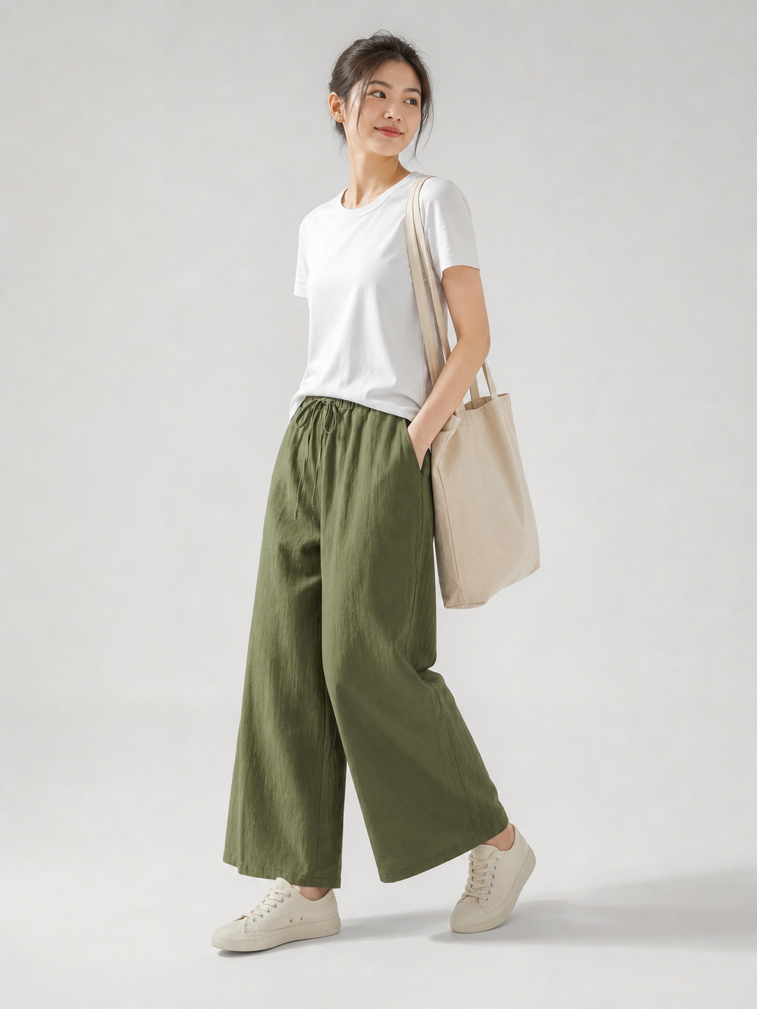 Wide-leg pants with a high elastic waistband, army green