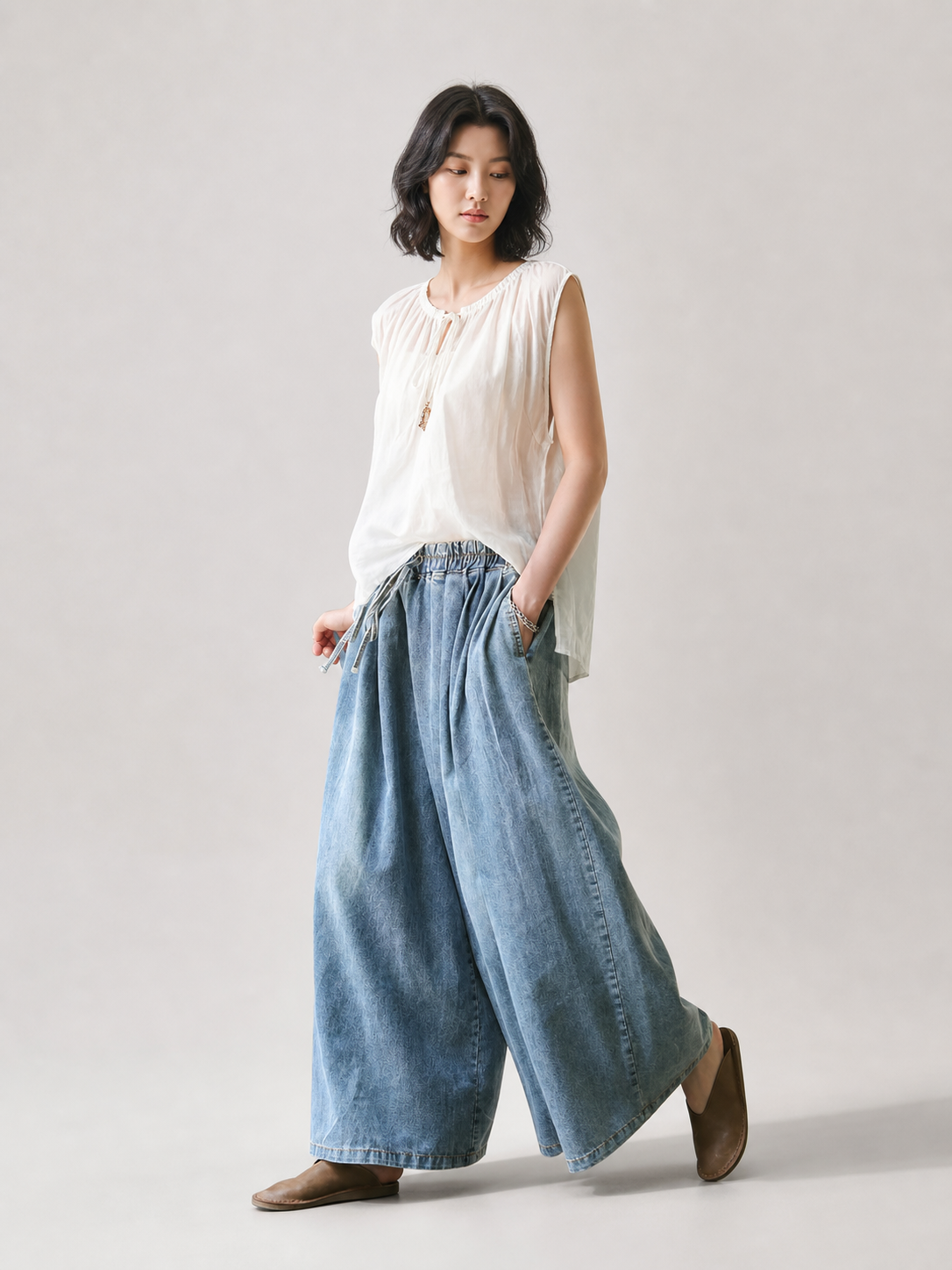 Light Blue Palazzo Pants with an Elastic Waist