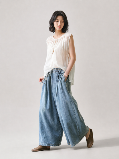 Light Blue Palazzo Pants with an Elastic Waist