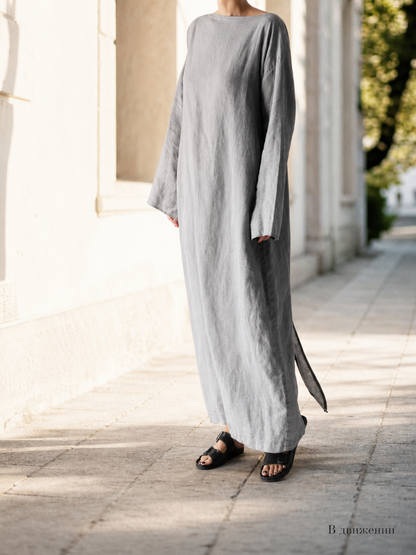 Long loose straight-cut dress with long sleeves