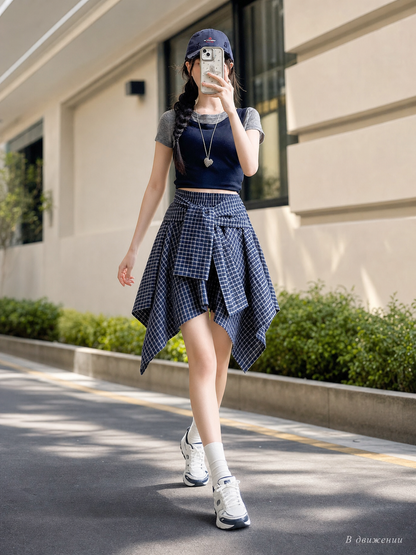 Women's Plaid Skirt with Asymmetrical Hem