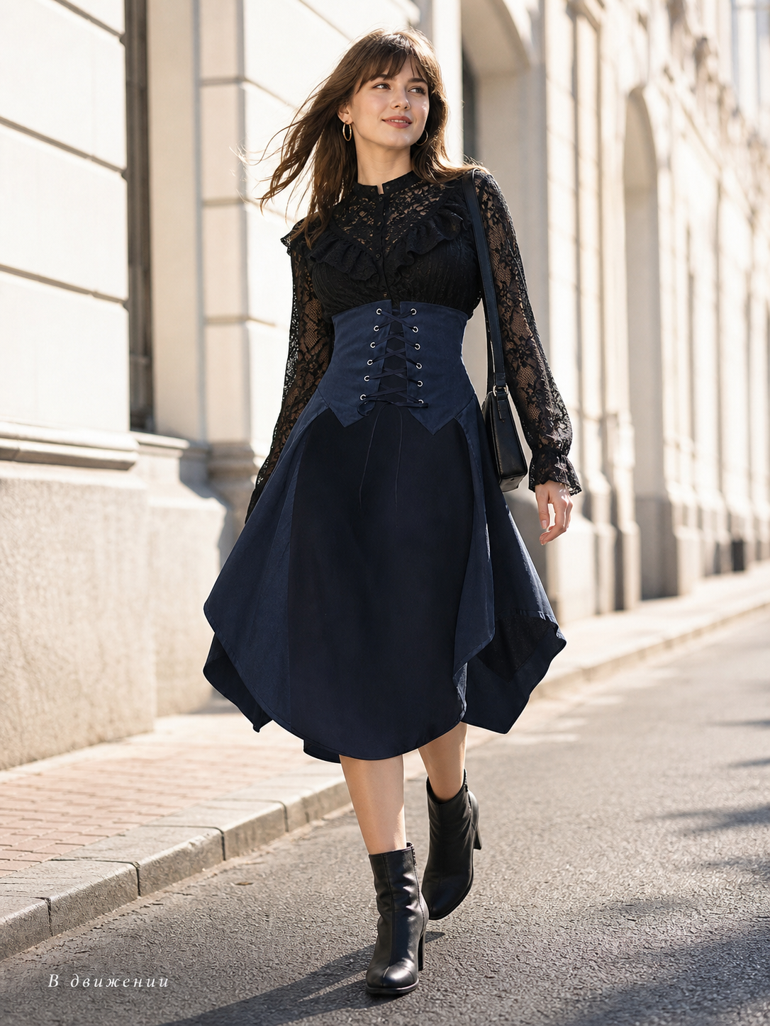 Navy Cape with a High Collar and Lacing