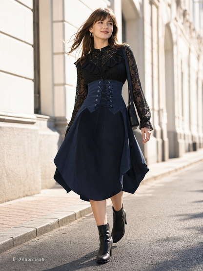 Navy Cape with a High Collar and Lacing