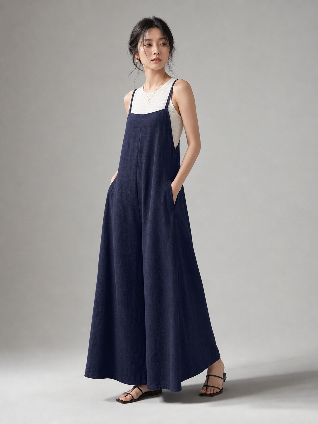 Blue Spaghetti Strap Wide Leg Jumpsuit, Sleeveless One-Piece Overalls With Long