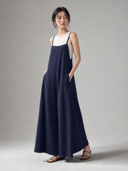Blue Spaghetti Strap Wide Leg Jumpsuit, Sleeveless One-Piece Overalls With Long