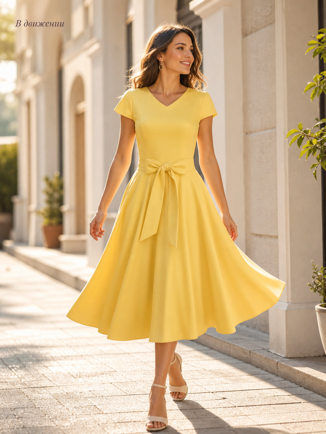 Yellow Dress with a V-Neck, Short Sleeves, and a Bow
