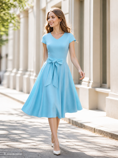 Light Blue V-Neck Dress with Bow and Full Skirt