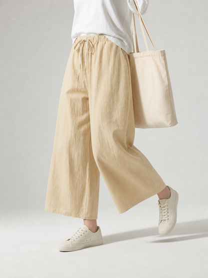 Light Khaki Full-Length Wide-Leg Pants