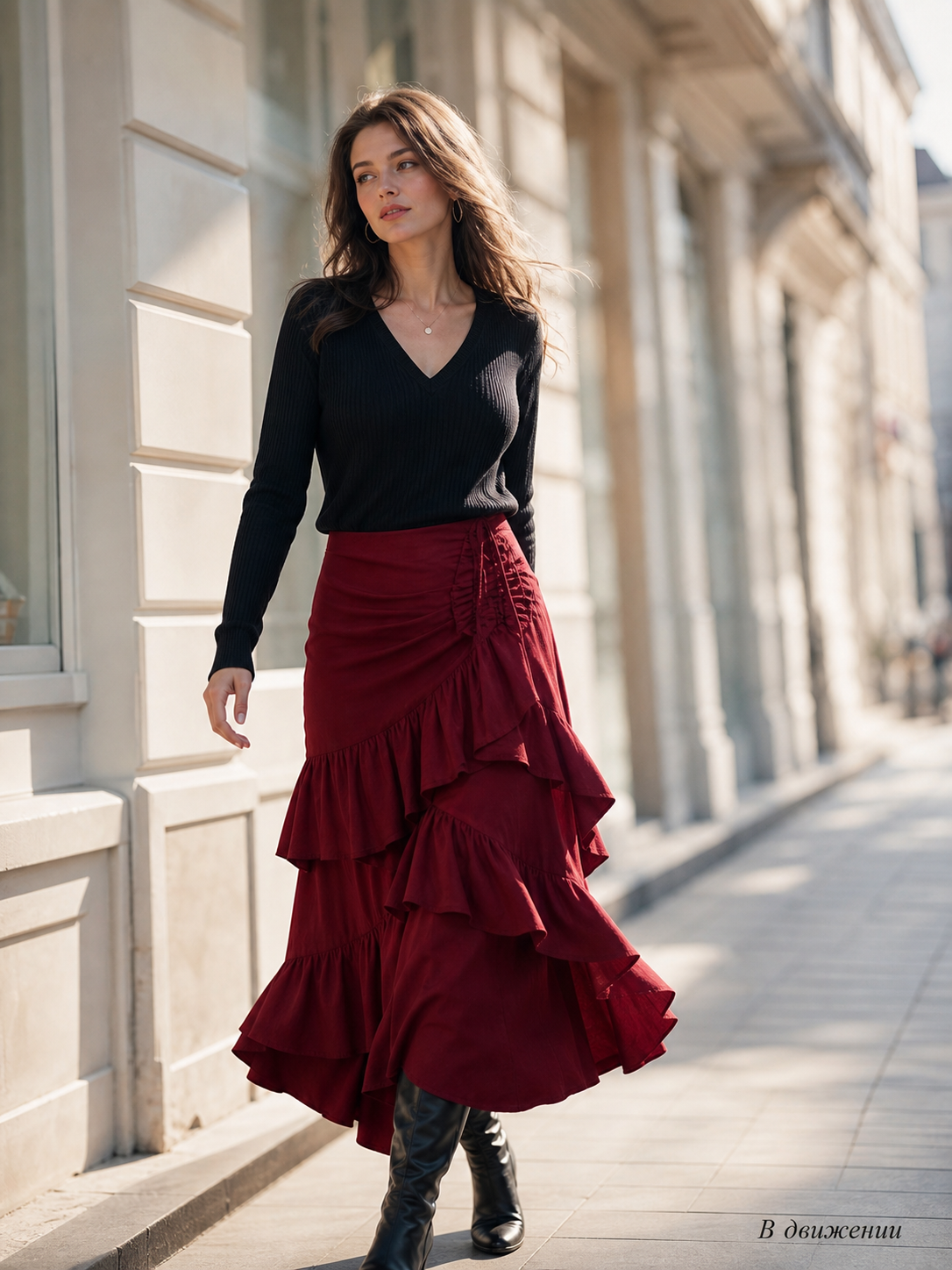 Burgundy Skirt with an Asymmetrical Tiered Ruffle