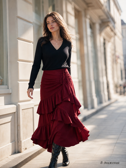 Burgundy Skirt with an Asymmetrical Tiered Ruffle