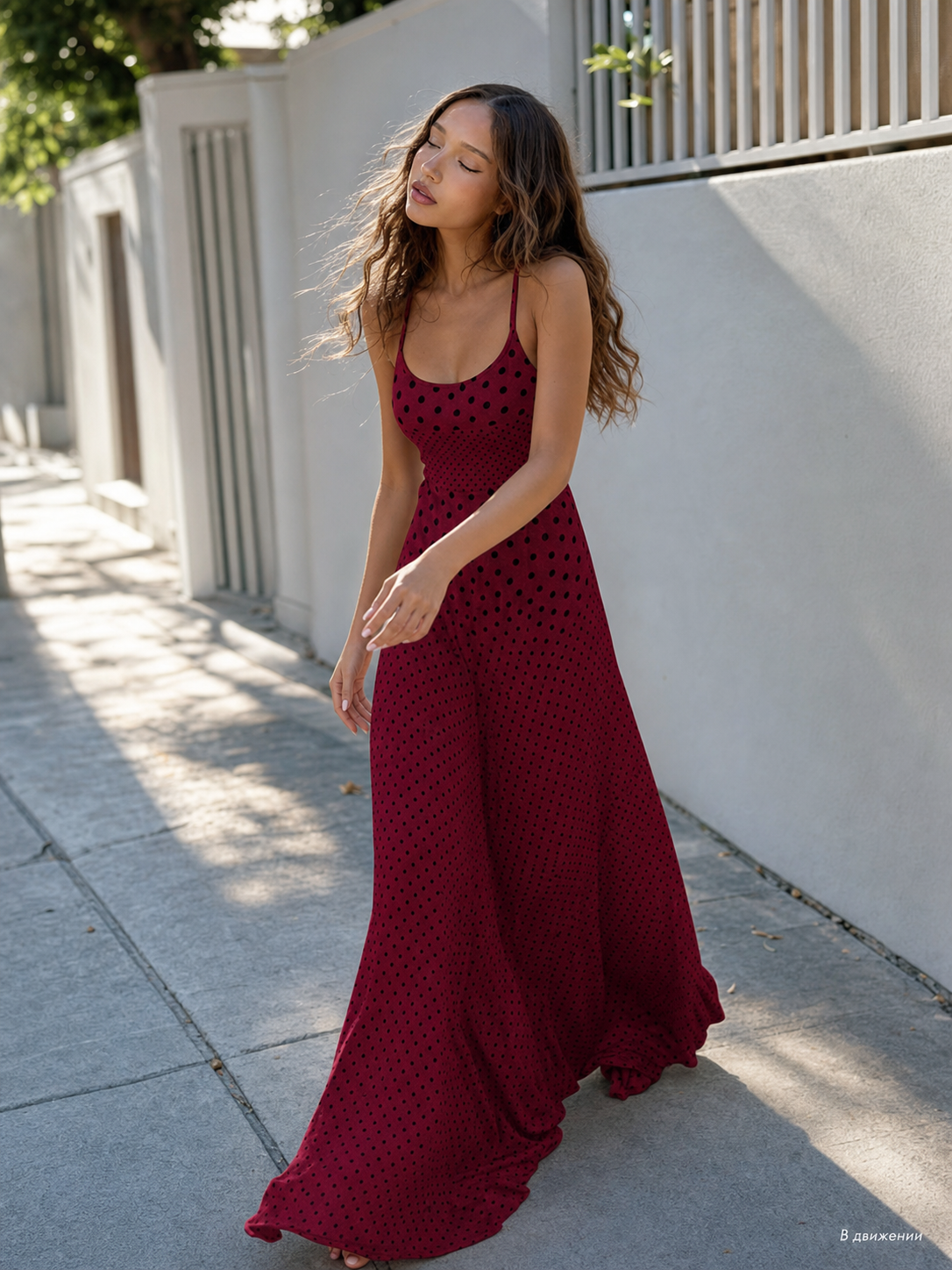 Burgundy Long Polka-Dot Dress with Thin Straps