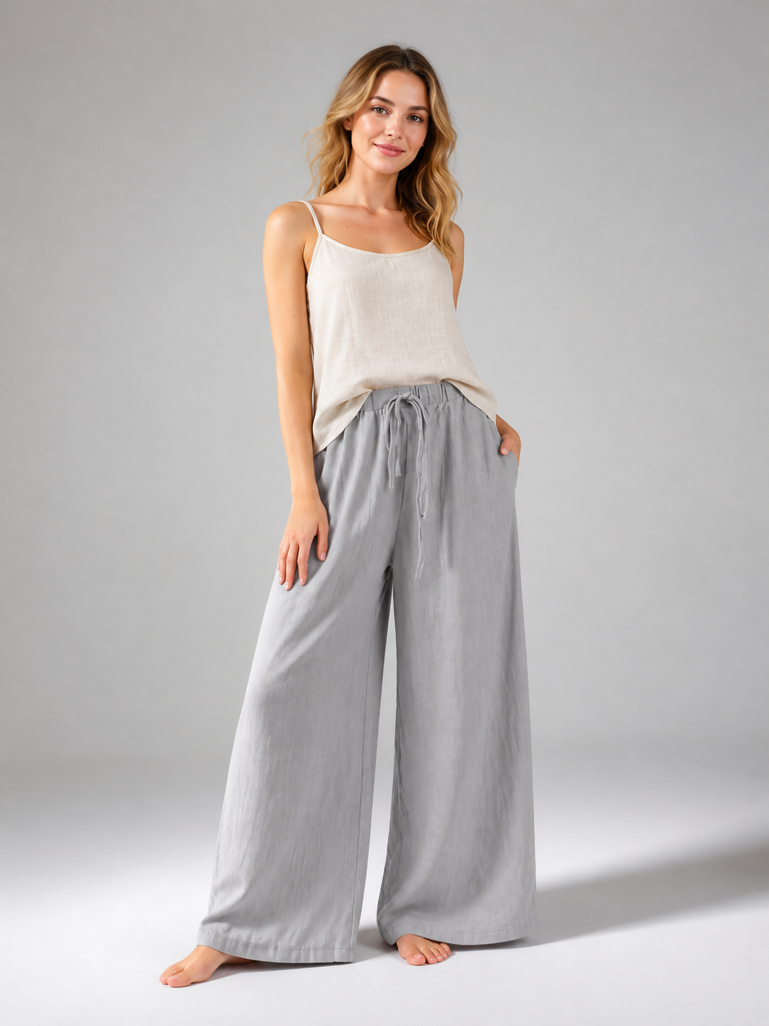 Gray wide-leg jeans with a drawstring and elastic waistband