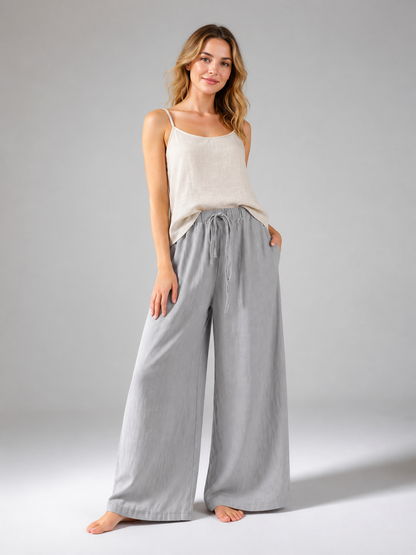Gray wide-leg jeans with a drawstring and elastic waistband
