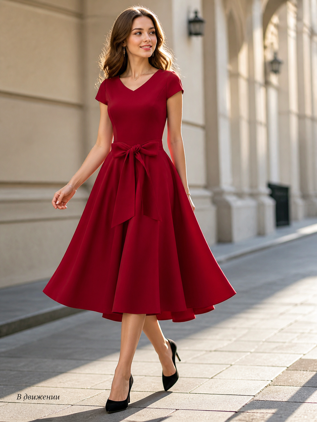 Burgundy Dress with a V-Neckline and Bow