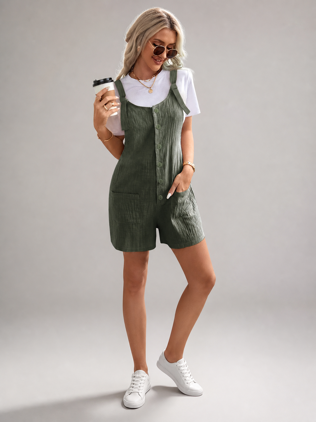 Women's khaki overall shorts with pockets