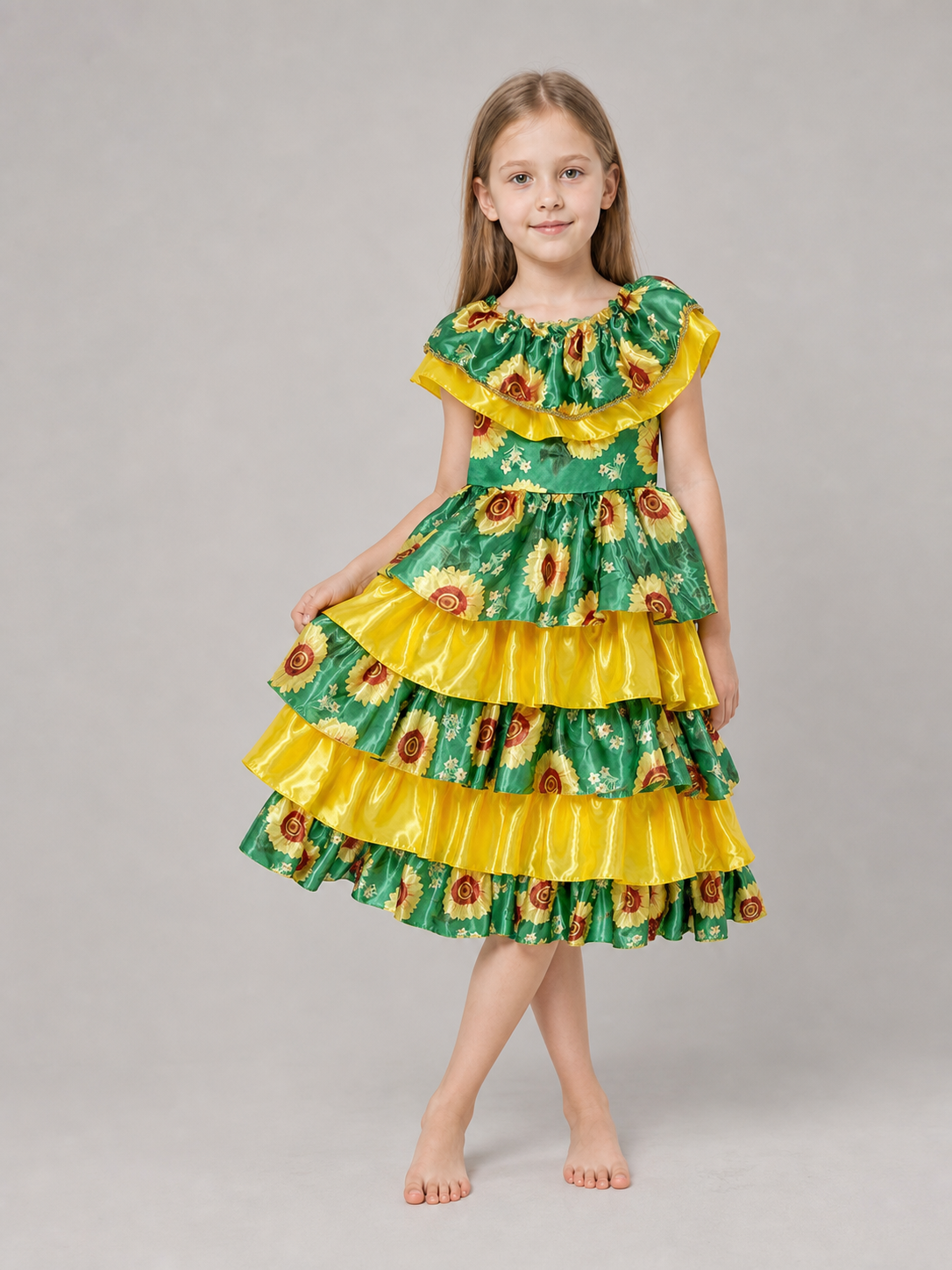 Tiered Girls' Dress with Ruffles and Flowers