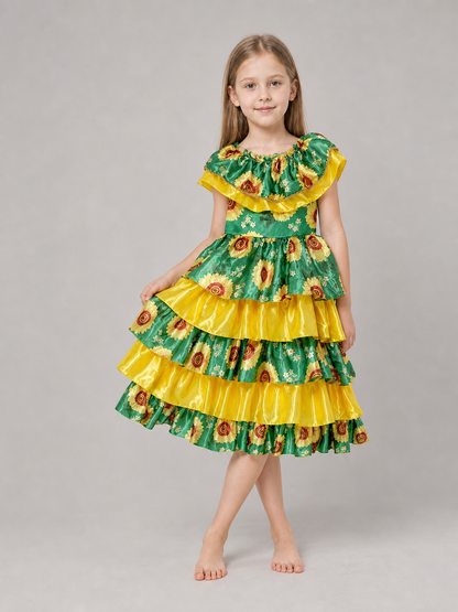 Tiered Girls' Dress with Ruffles and Flowers