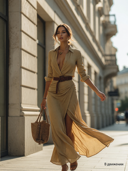 The dress features a long khaki silhouette with long sleeves, a shirt-style collar, and a crossover wrap front. The wrap construction creates a distinctive front line, while pleats at the waist add noticeable texture to the design. The fit 
