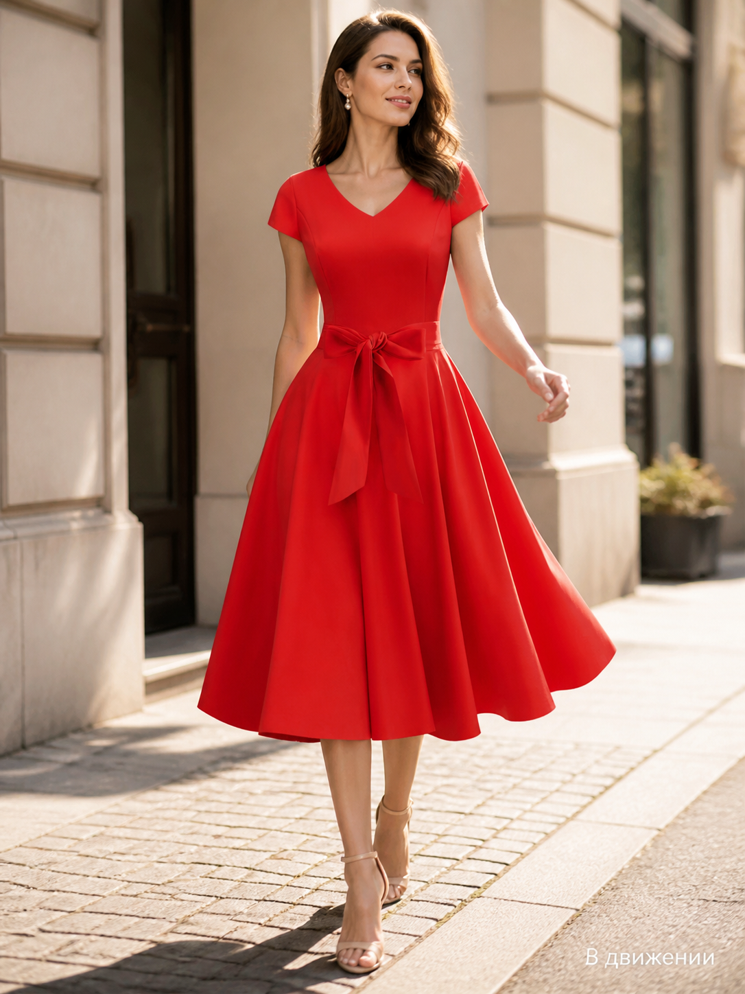 Red dress featuring a fitted bodice and flared skirt silhouette. The design includes a V-neckline and short sleeves, with a bow centered at the waistline and long decorative ribbons extending down the front as a distinctive design detail. T