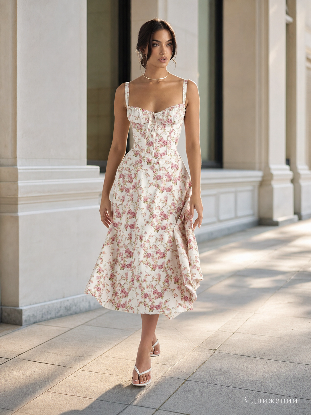 Summer midi dress with thin straps and floral print