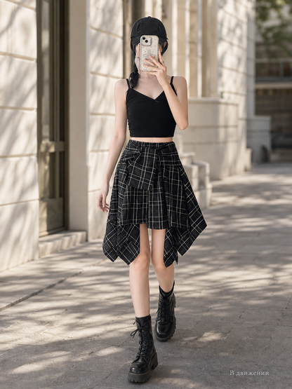 Women's Asymmetrical Black-and-White Plaid Skirt