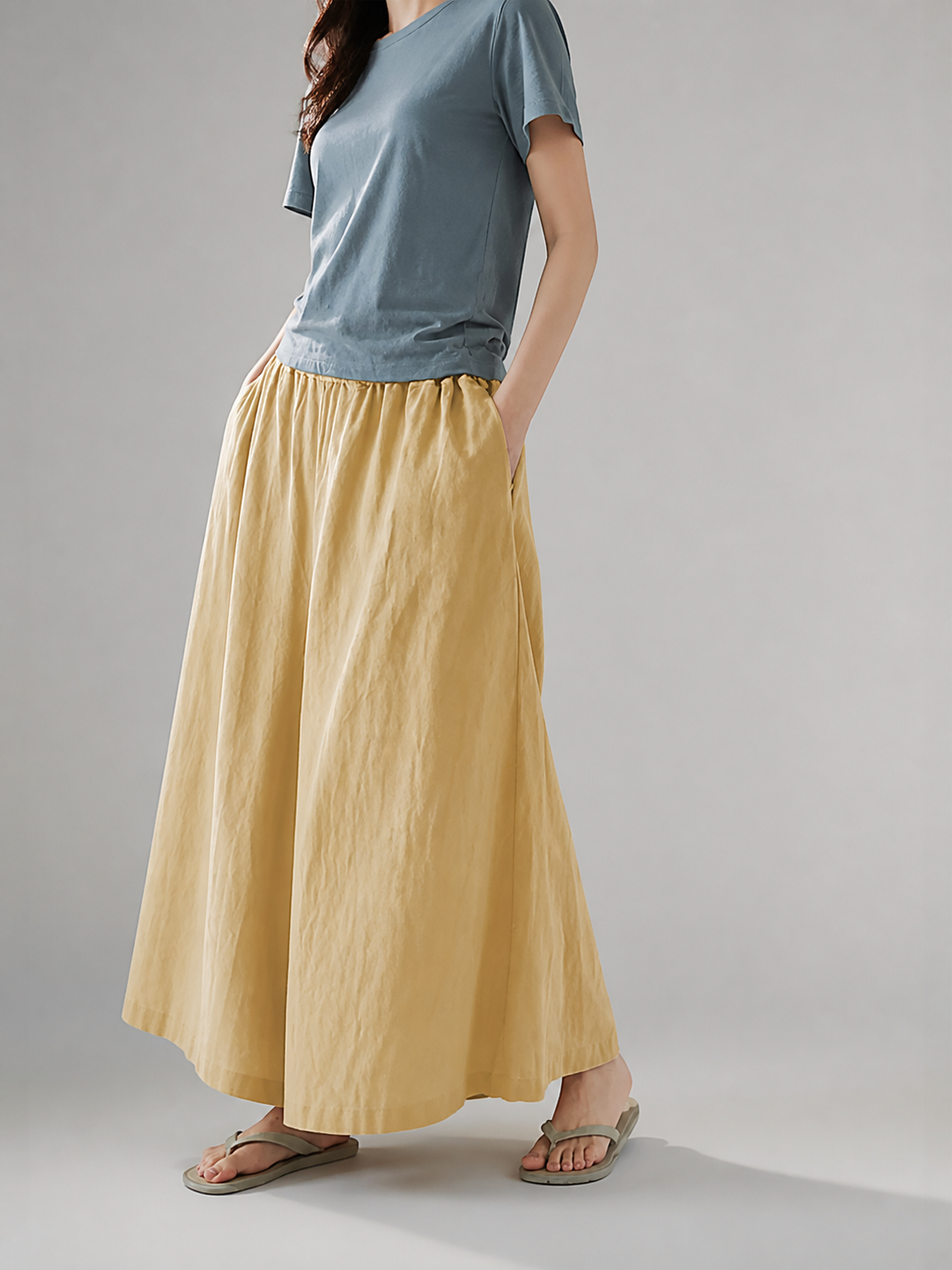 Apricot Wide Leg Pants, Elastic Waist Long Trousers with Two Side Pockets