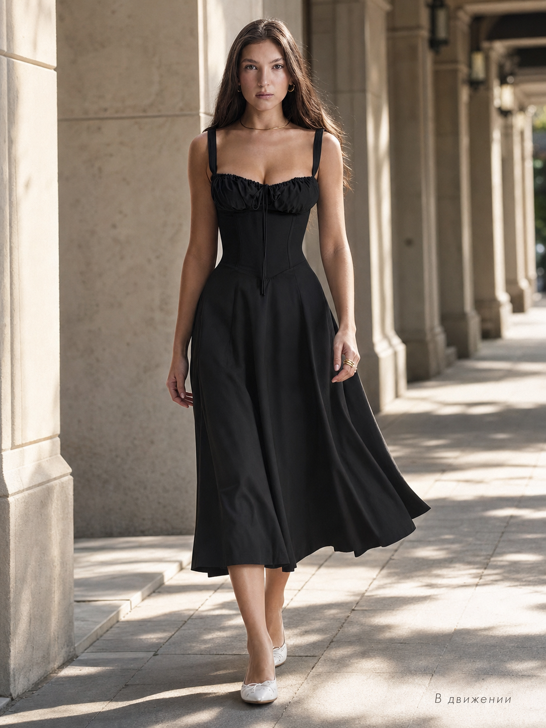 Women's Black Midi Dress with Thin Straps and Tie