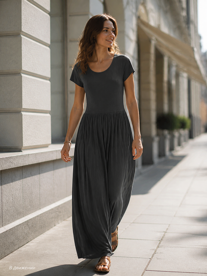 Women's Long Dress with Short Sleeves and Pleats