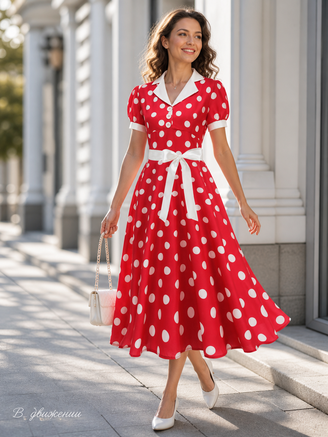 Polka Dot Dress with a Turn-Down Collar and Belt