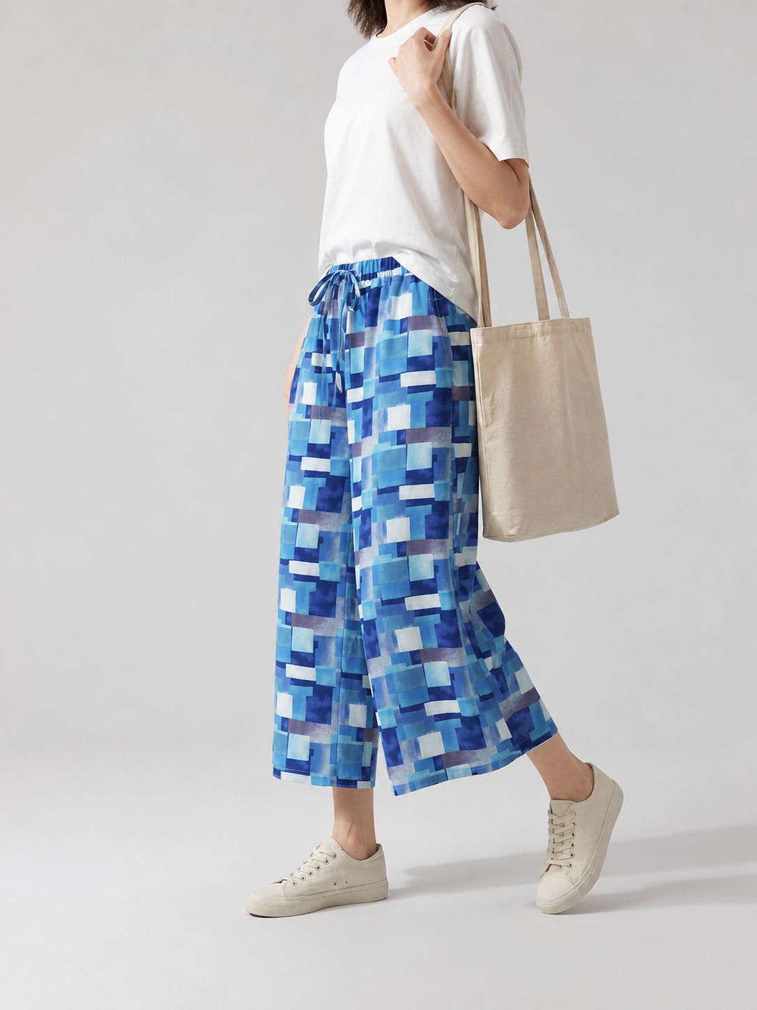 Blue and White Palazzo Pants with Geometric Print