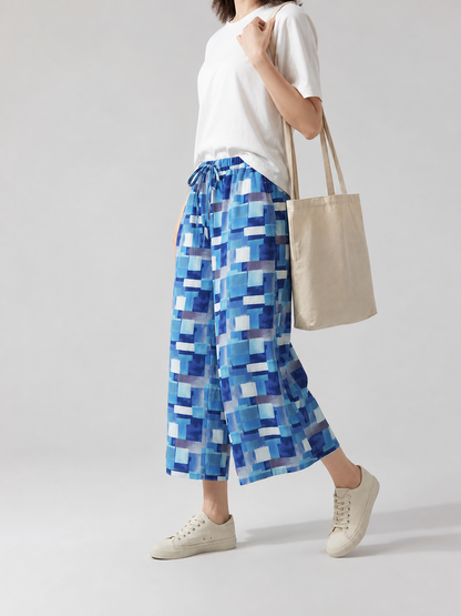 Blue and White Palazzo Pants with Geometric Print