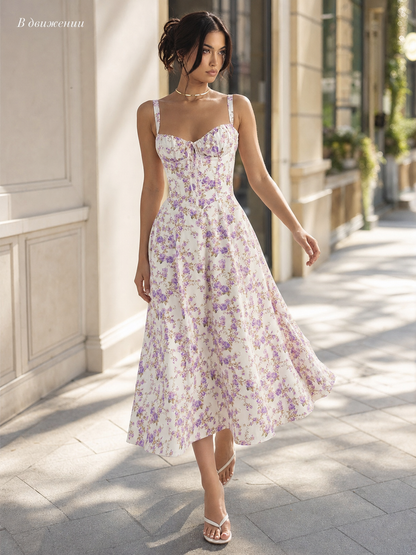 Women's midi dress with floral print and lace-up detailing