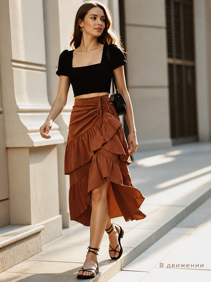 Asymmetrical Tiered Ruffle Skirt with Drawstring