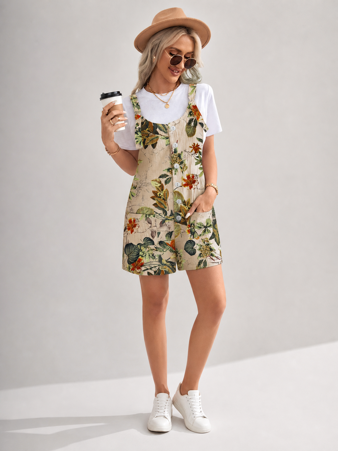 Tropical Floral Print Romper Shorts