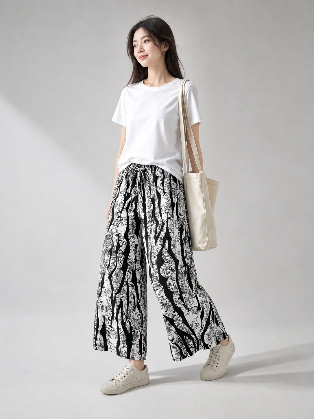 Wide-Leg Pants with Black-and-White Abstract Print