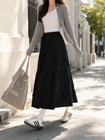 Long Black A-Line Skirt with Tiered Pleats
