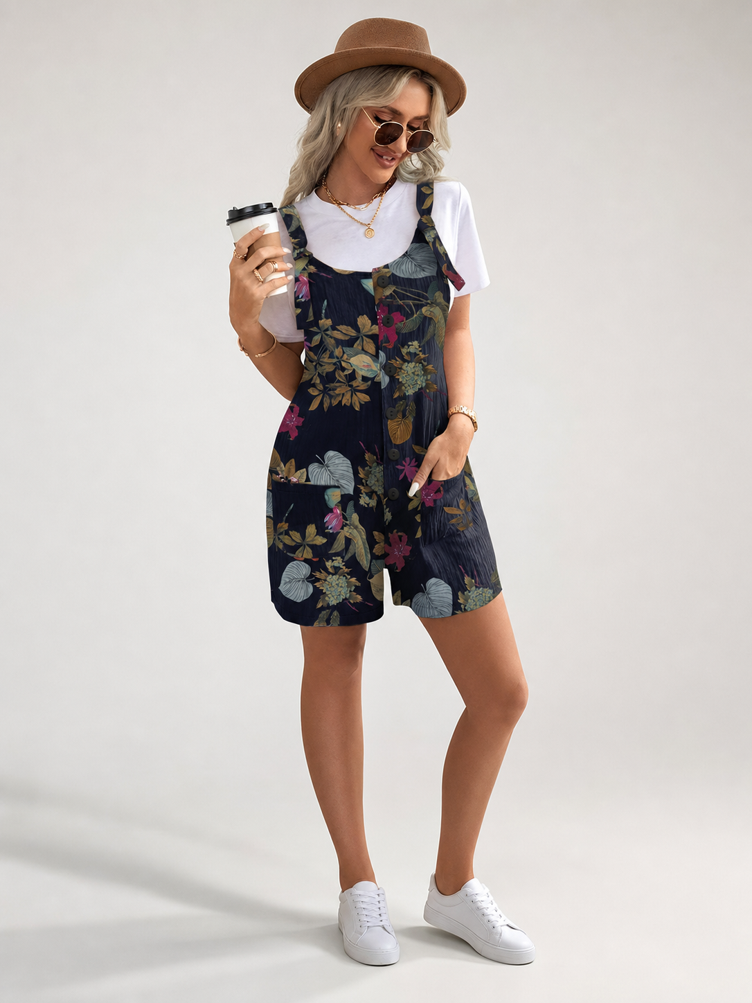 Dark Blue Overall Shorts with Yellow Floral Print