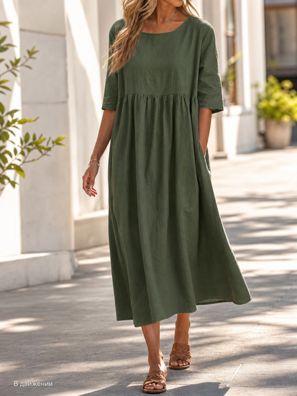 Olive Loose-Fit Dress with 3/4 Sleeves
