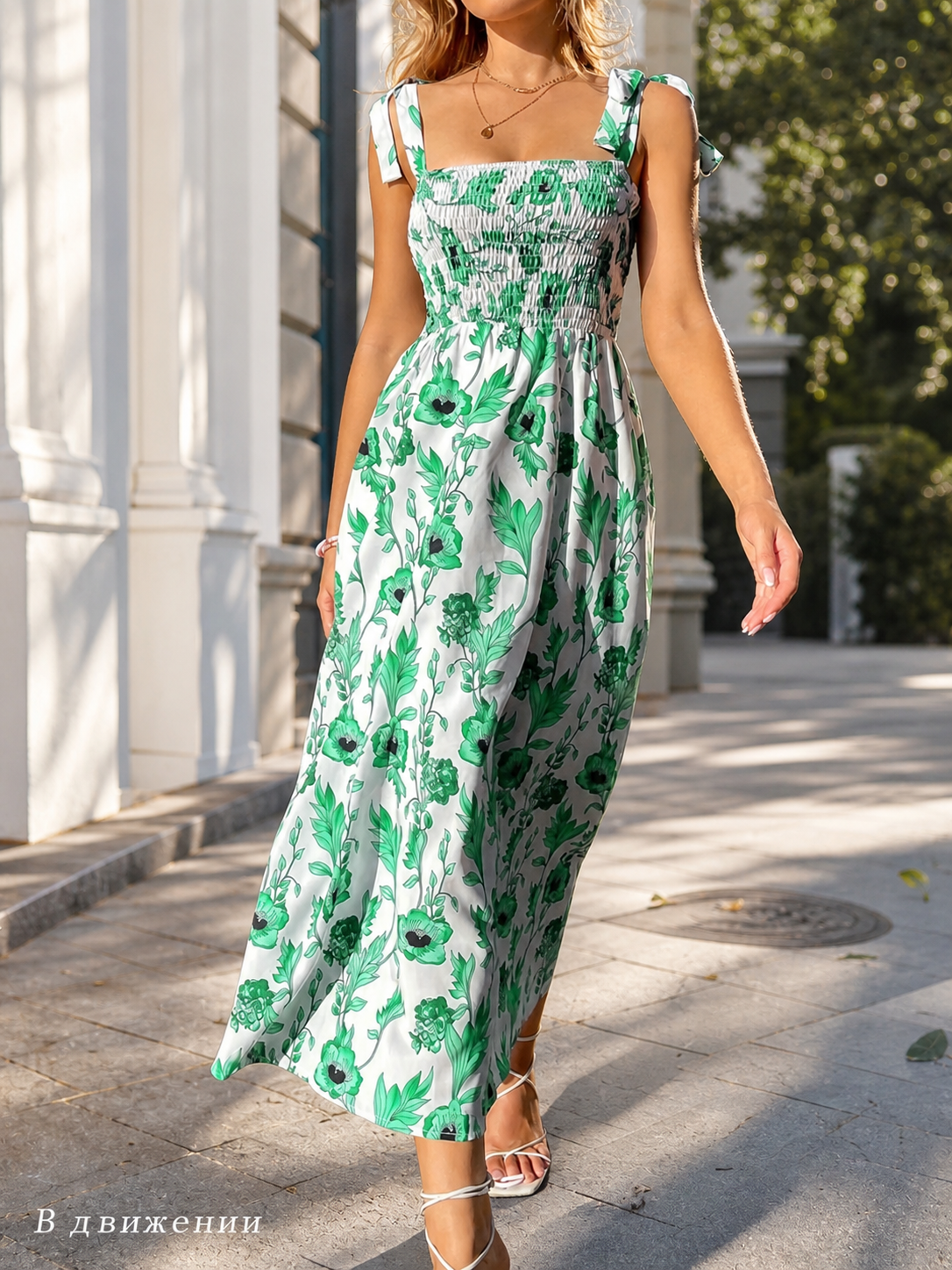 Women's Long Dress with Floral Print and Shoulder Ties