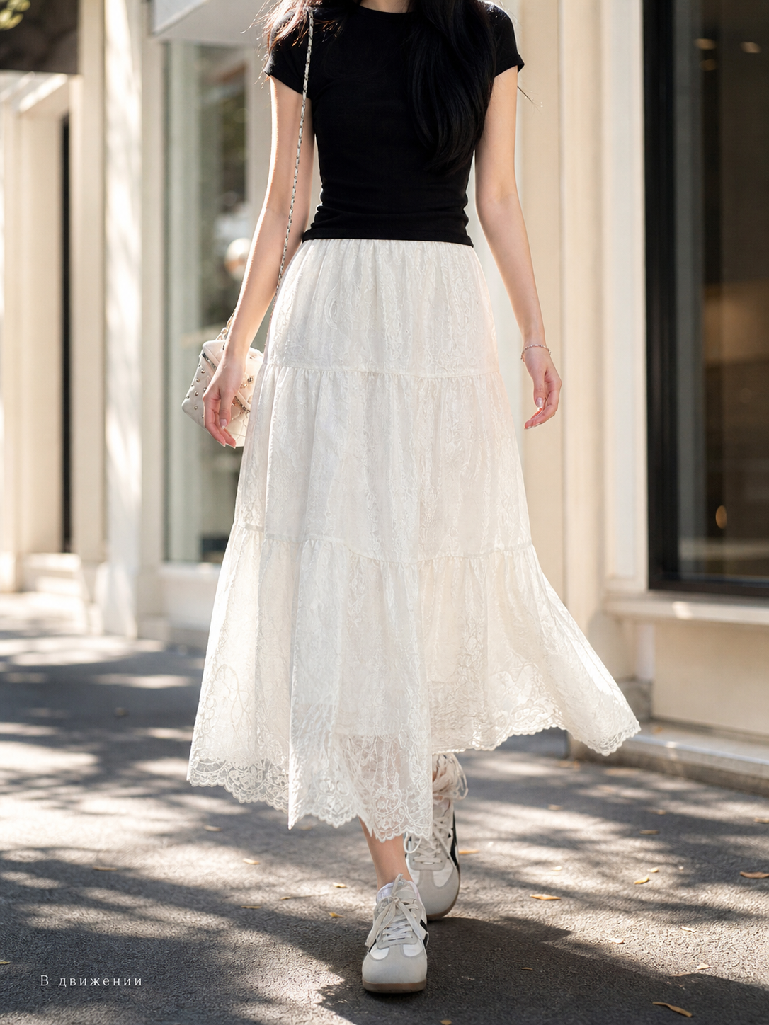 Long women’s skirt with a tiered floral pattern