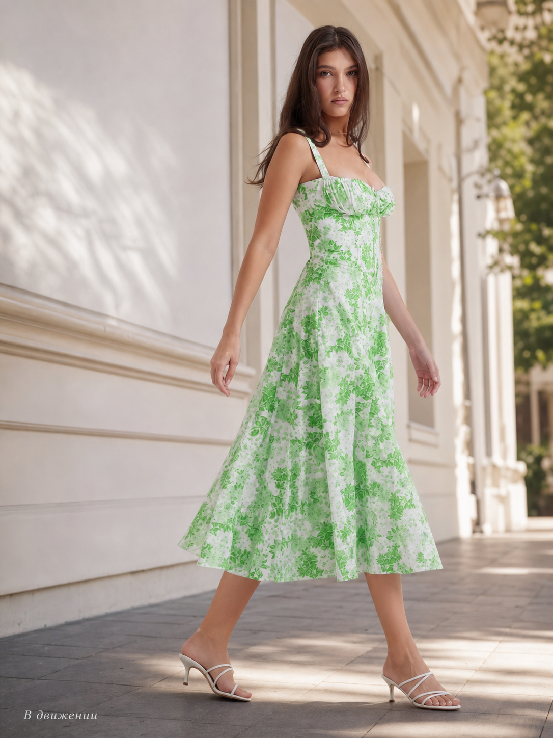 Women's Summer Midi Dress with Thin Straps and Floral Print