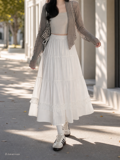 Long White A-Line Skirt with Tiered Ruffles