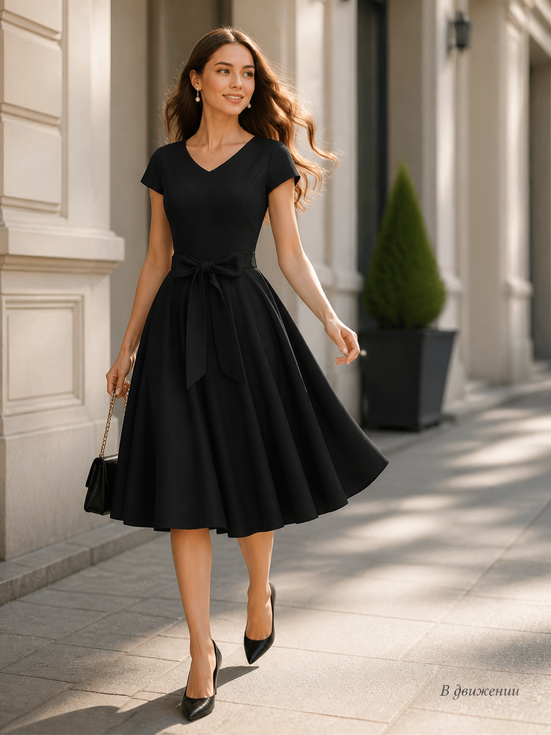 Black V-Neck Dress with Bow