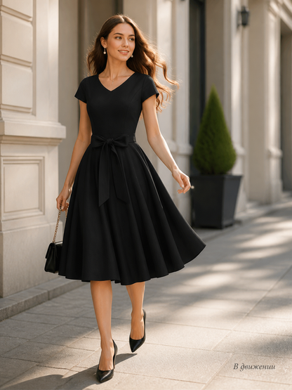 Black V-Neck Dress with Bow