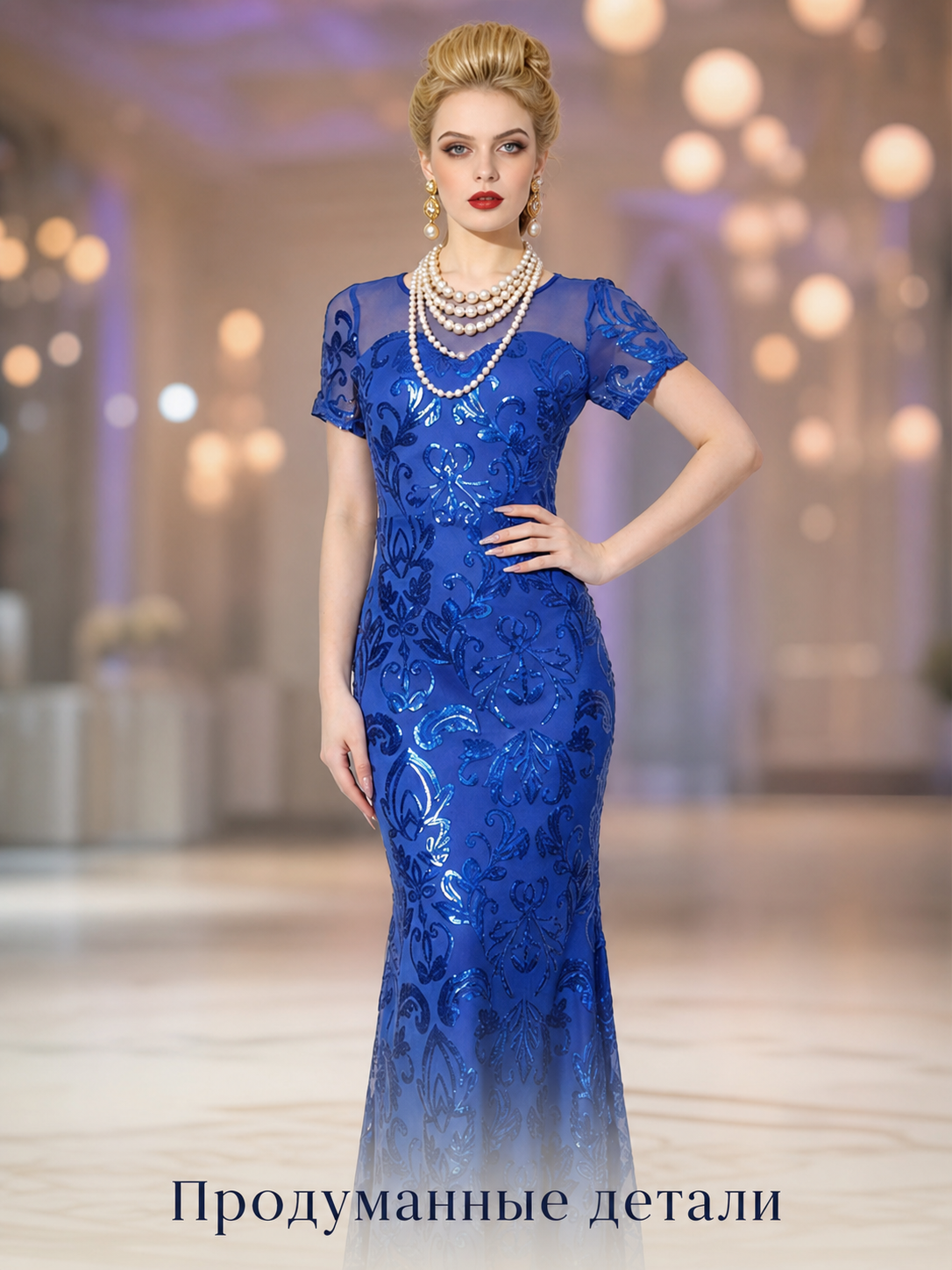 Blue evening dress with floral pattern and sequins